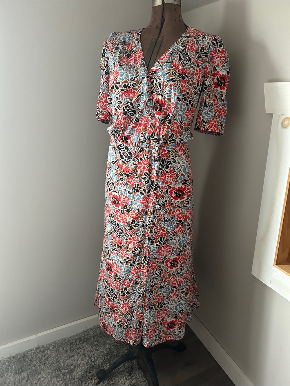 Veronica Beard Mika Red Floral Silk Blend Midi Tea Dress, Sz 6